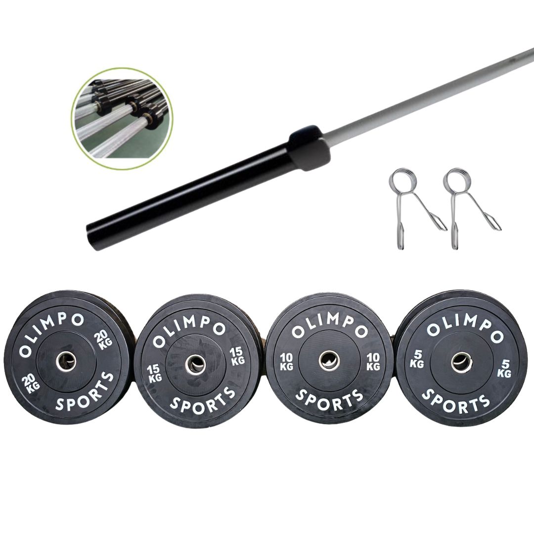 PACK 100KG DISCOS BUMPER+BARRA PREMIUM CHROME/BLACK