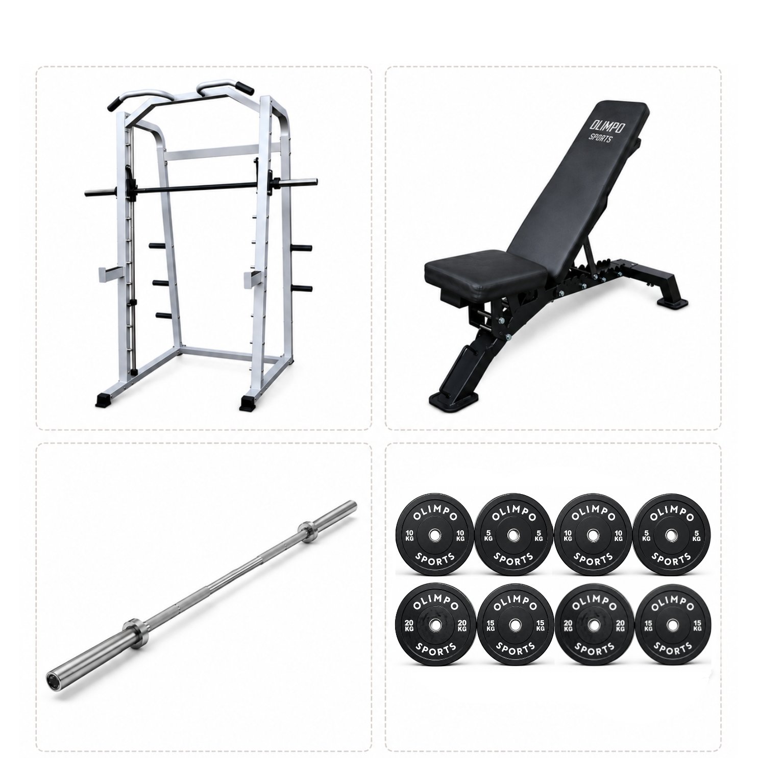 Pack Jaula Smith con Banco, Barra Olímpica y 100kg Discos Bumper