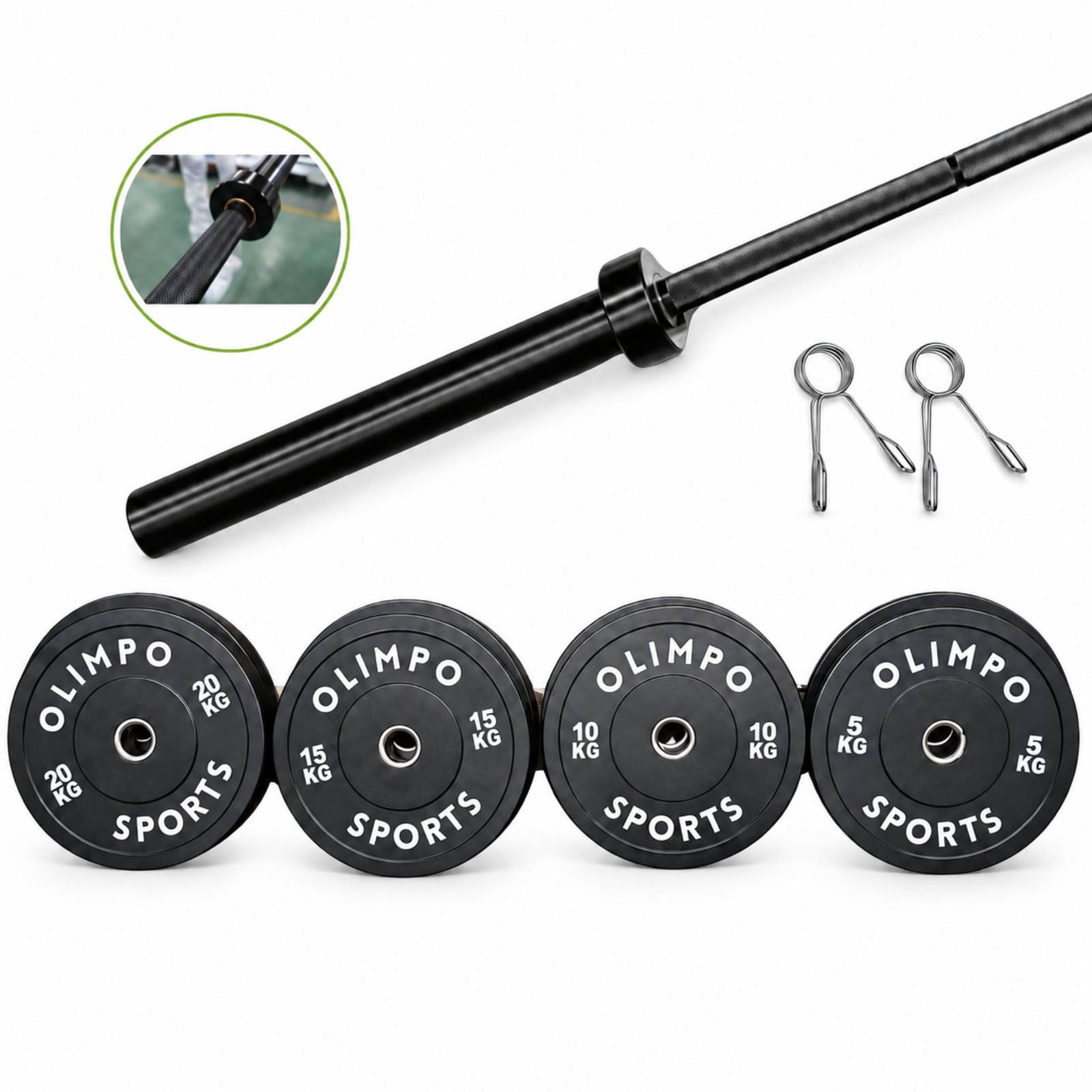 PREVENTA/ Pack 100 kg Discos Bumper + Barra Olímpica Black | OLIMPO SPORTS